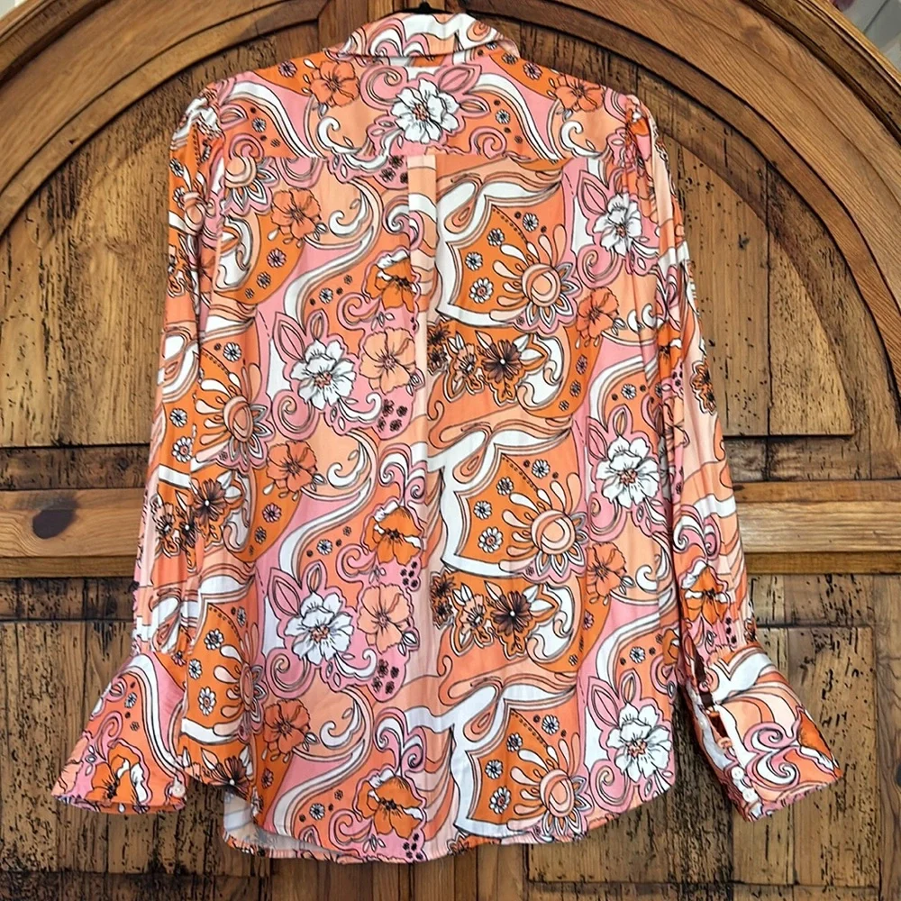 Free People Serena Printed Button Down Silky Floral Boho 70’s Top Blouse Shirt - Picture 10 of 13